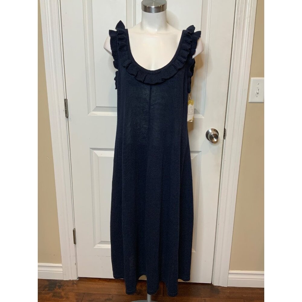 Boden Navy Blue Linen Blend Sleeveless Dress W/ Ruffle, Size 10P, NWT!